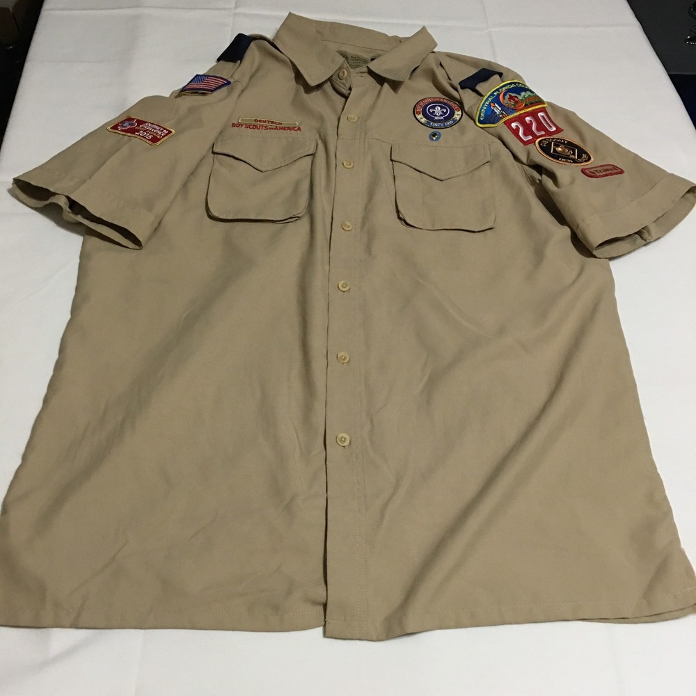 Boy Scouts of America Uniform Shirt Mens Large Tan Patched Short Sleeve